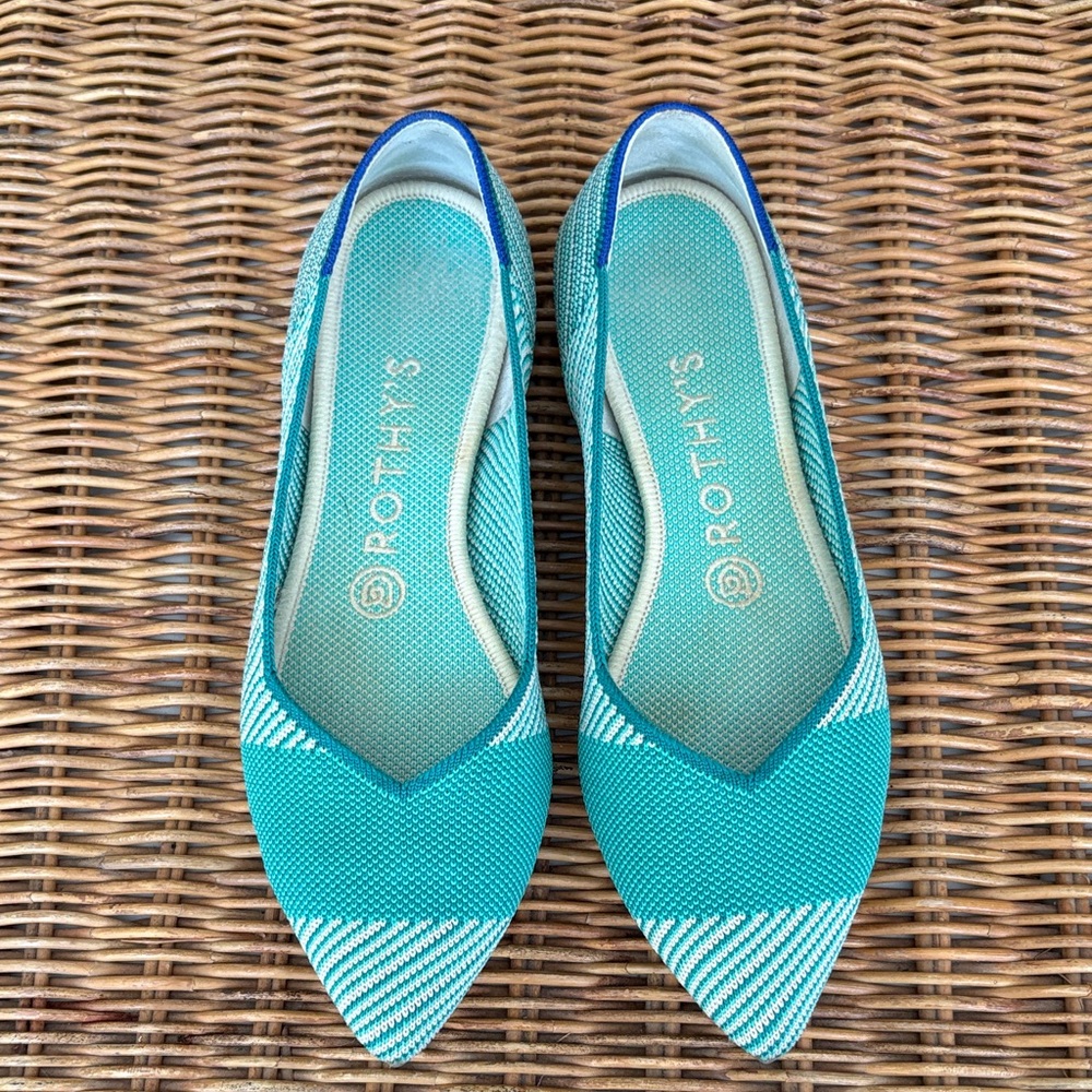 Rothy's Teal and Aqua Pointed-Toe Knit Flats